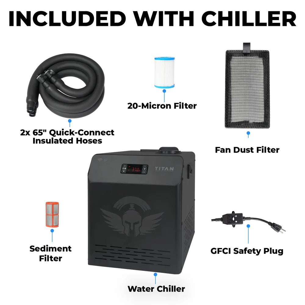 Chiller box contents showing hoses, sediment and 20-micron filters and GFCI plug for the Titan Atlas Cold Plunge Tub