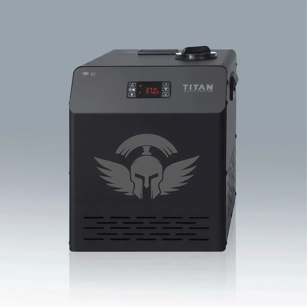 Gen V all-in-one chiller with UV and WiFi icons and 37.0°F display included with the Titan Atlas Ice Bath