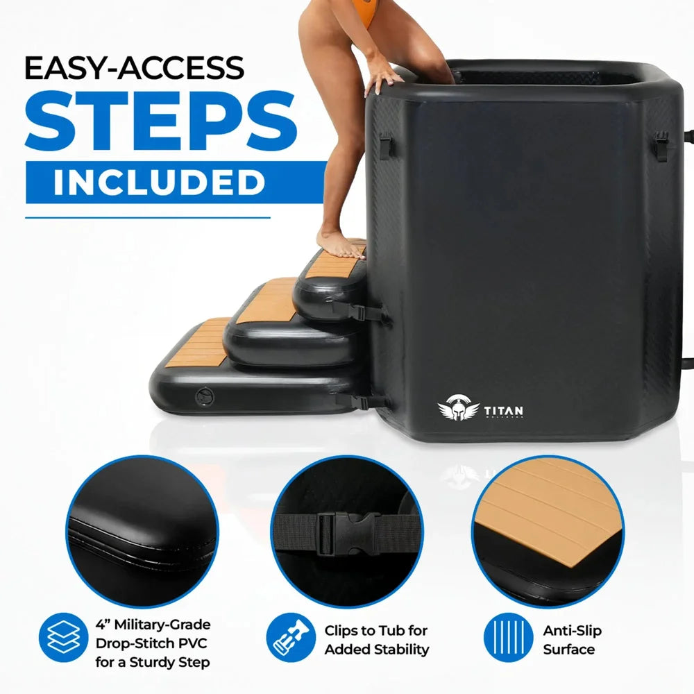 Graphic of the included black inflatable steps with buckle and anti-slip detail for the Titan Atlas Ice Bath