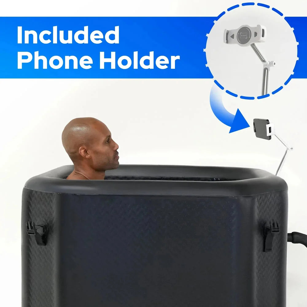 Included phone holder arm clamped to the black Titan Atlas Ice Bath rim with a man soaking inside