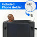 Included phone holder arm clamped to the black Titan Atlas Ice Bath rim with a man soaking inside
