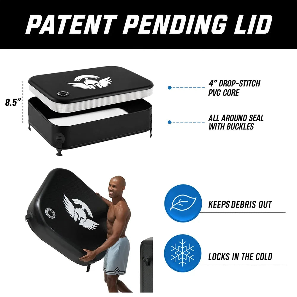Patent pending insulated lid with drop-stitch core and buckle seal for the Titan Atlas Cold Plunge Tub