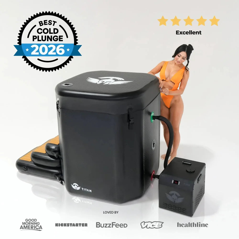 Award badge, star rating and press logos displayed with the black Titan Atlas Ice Bath and chiller