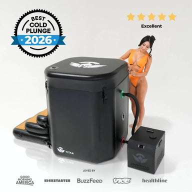 Award badge, star rating and press logos displayed with the black Titan Atlas Ice Bath and chiller