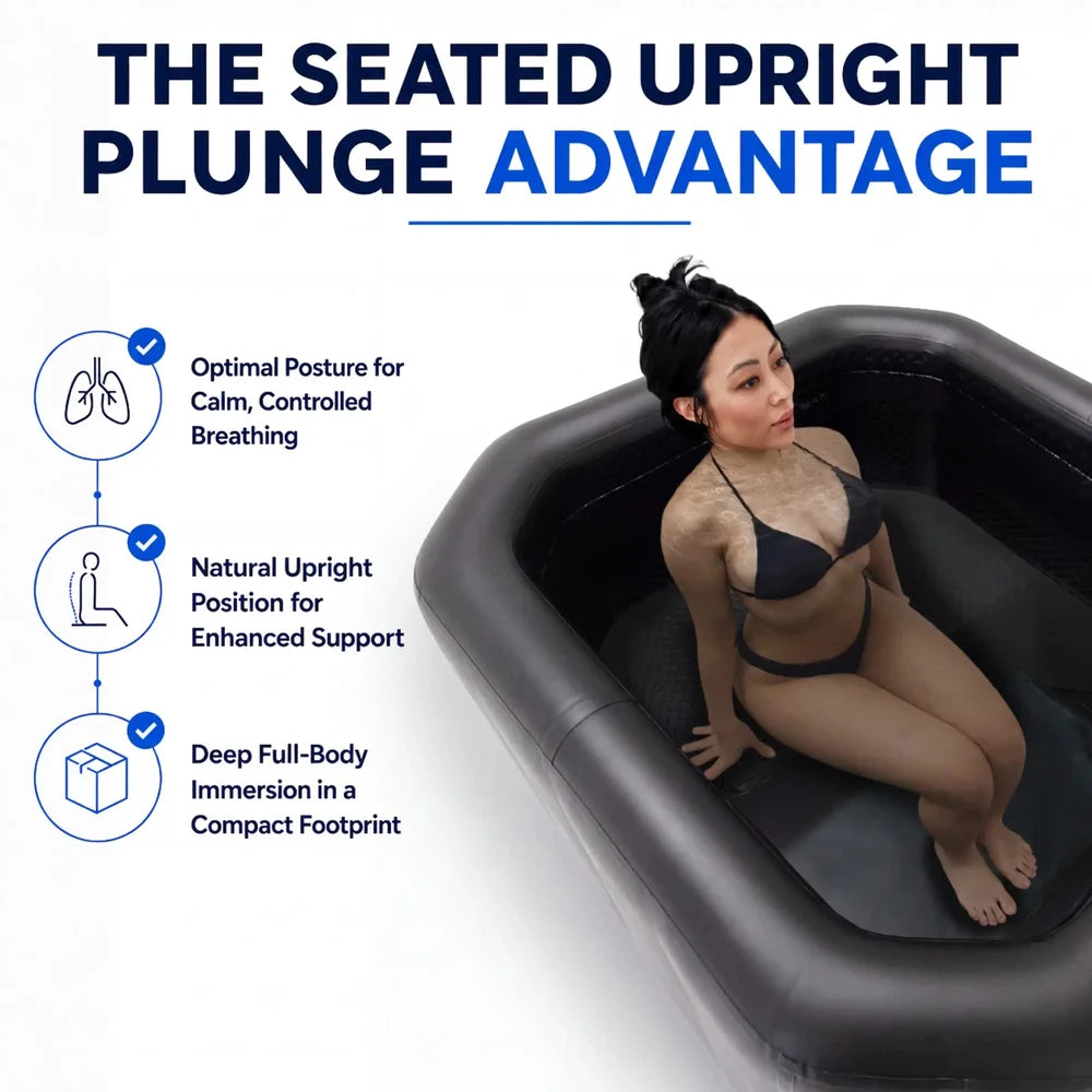 Seated upright plunge benefits shown with a woman sitting inside the black Titan Atlas Barrel Ice Bath
