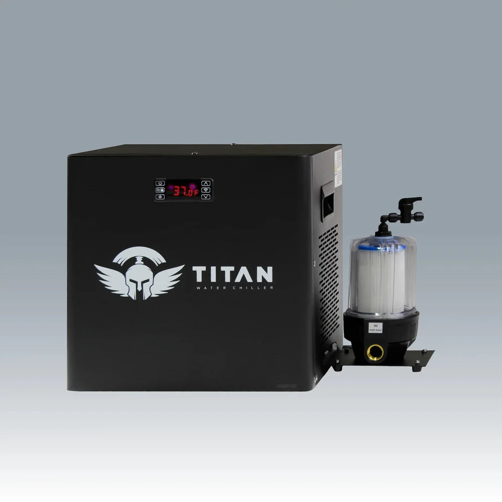 Gen 4 black chiller with external pump and clear filter canister supplied with the Titan Atlas Barrel Ice Bath