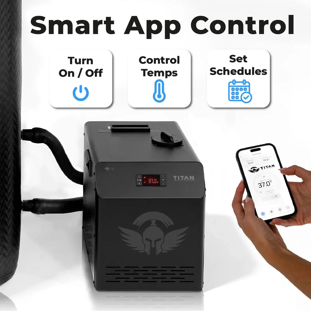 Smart app control panel showing on/off, temperature and scheduling for the Titan Atlas Cold Plunge chiller