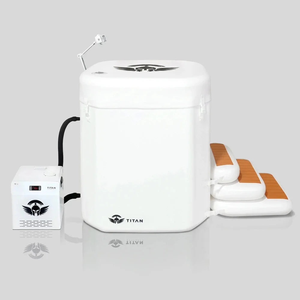 Arctic White Titan Atlas Cold Plunge Tub bundle shown with lid, white chiller and inflatable access steps