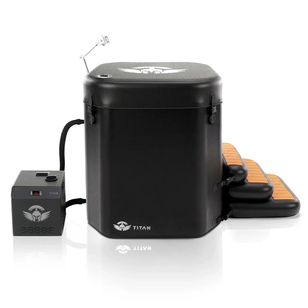 Midnight Black Titan Atlas Cold Plunge Tub bundle with lid, phone holder, chiller and inflatable steps