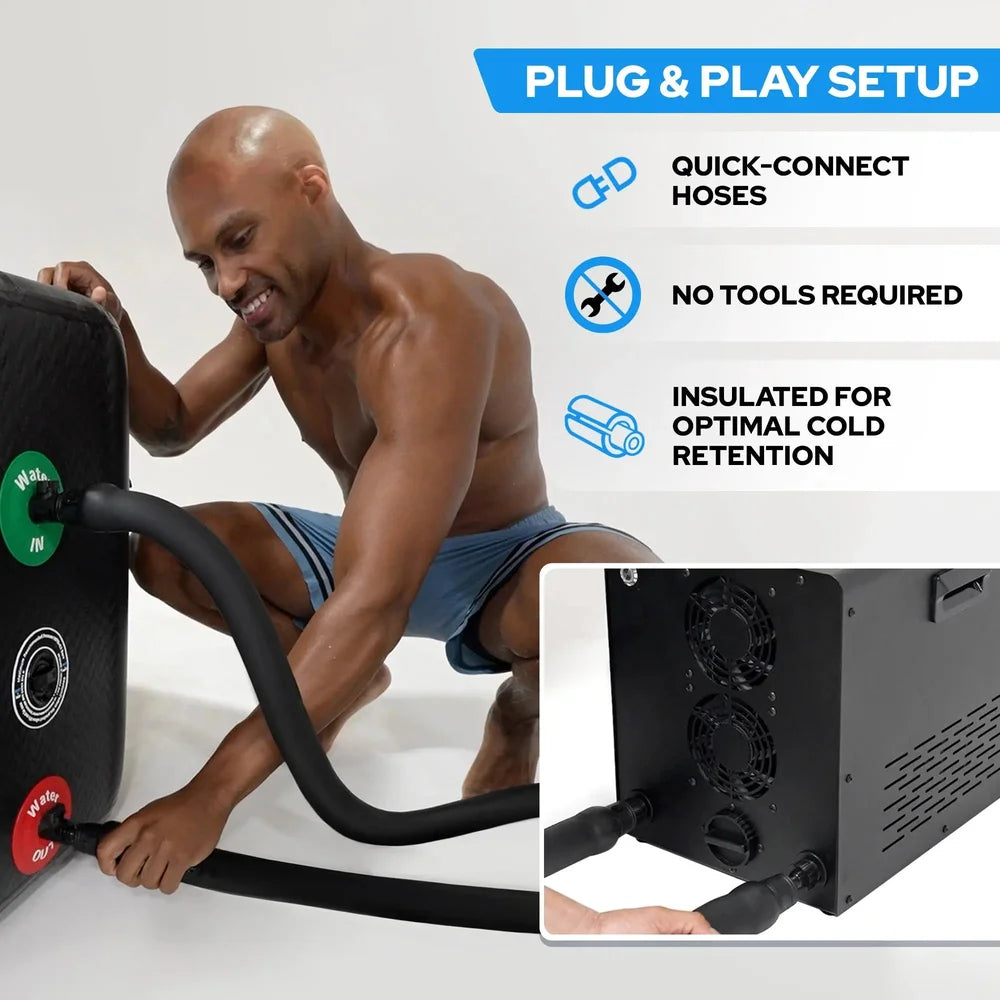 Plug and play setup graphic showing quick-connect insulated hoses on the Titan Atlas Cold Plunge tub ports