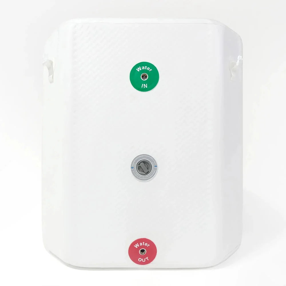 Close-up of green water in, silver inflation valve and red water out fittings on the white Titan Atlas panel