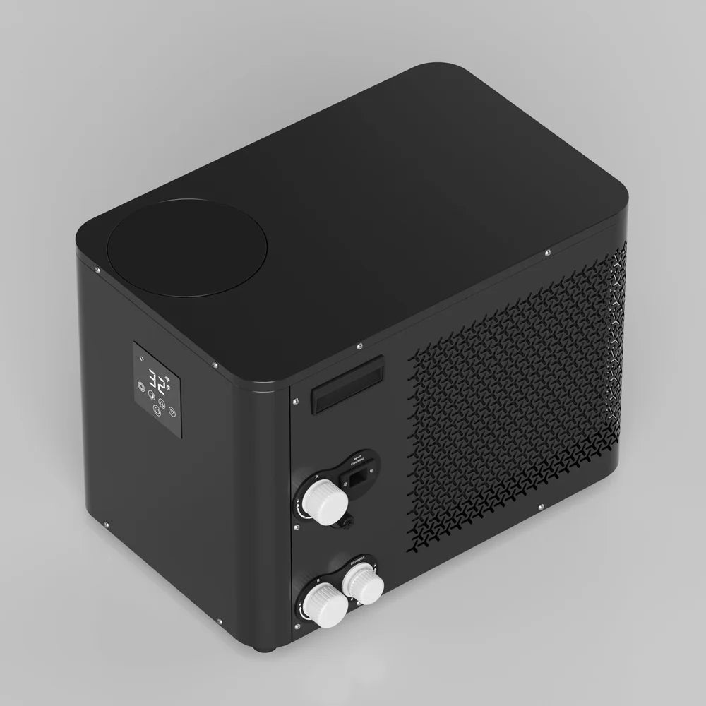 Overhead angle of the AMBOHR Pro Chiller Cold Plunge Chiller showing lid filter cap, handle and rear ports