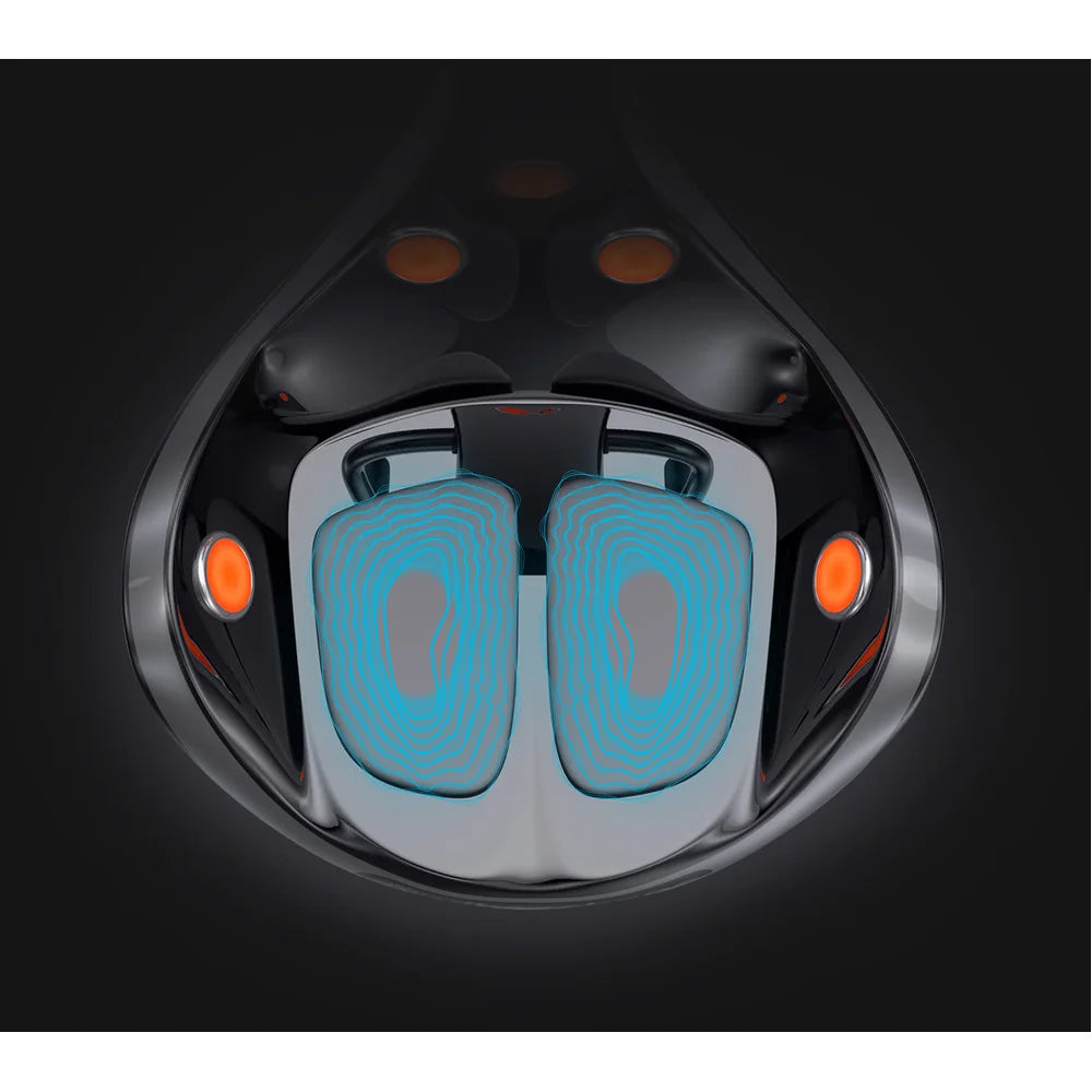Overhead diagram of the Vacu Activ Vibrashape Vibration Plate footplates ringed with blue amplitude contours