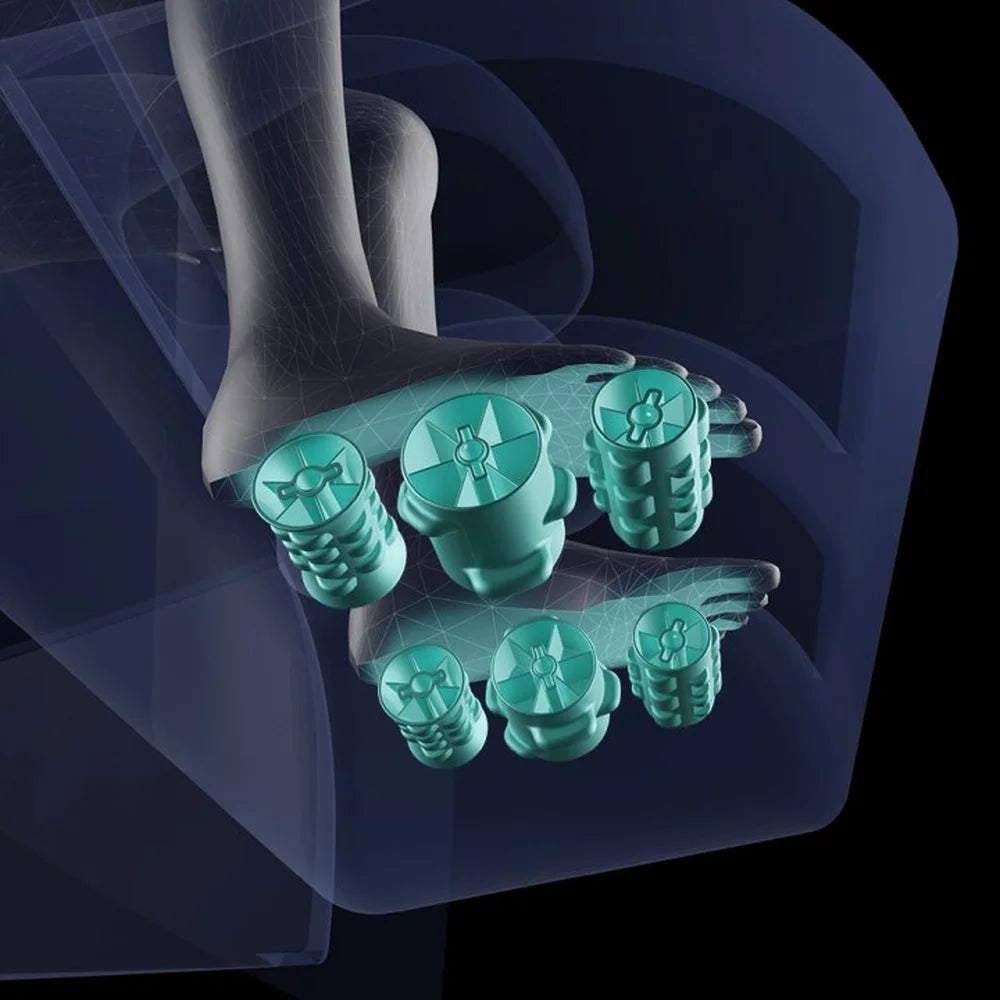 Cutaway rendering of triple foot rollers under both soles inside the Infinity Palisade Pro 4D Massage Recliner