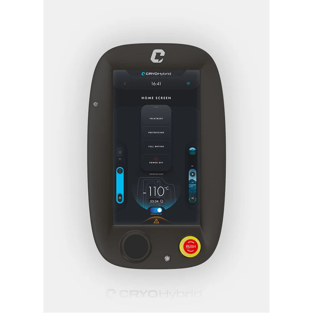 Tsb360 Cryo Hybrid Electric Cryotherapy Chamber control panel close-up with home screen menu and red emergency stop