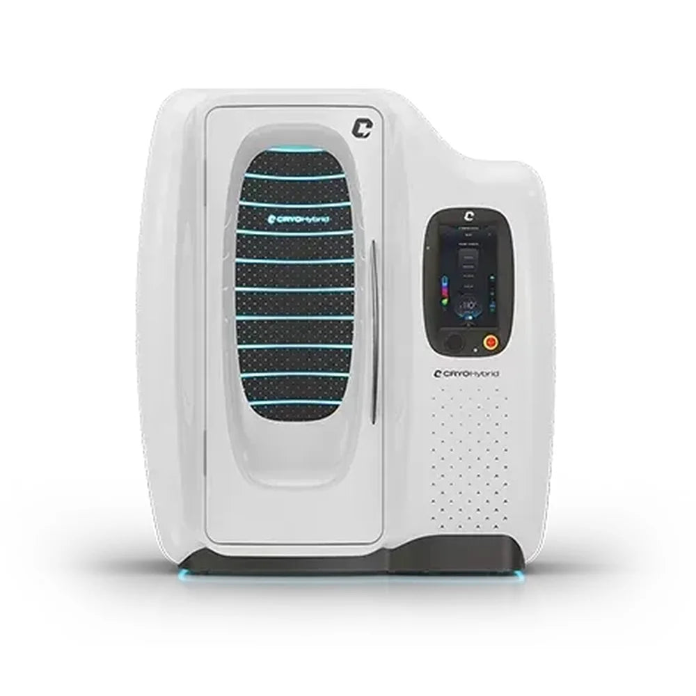 White single-person Tsb360 Cryo Hybrid chamber seen head-on with lit oval door window and side touch screen