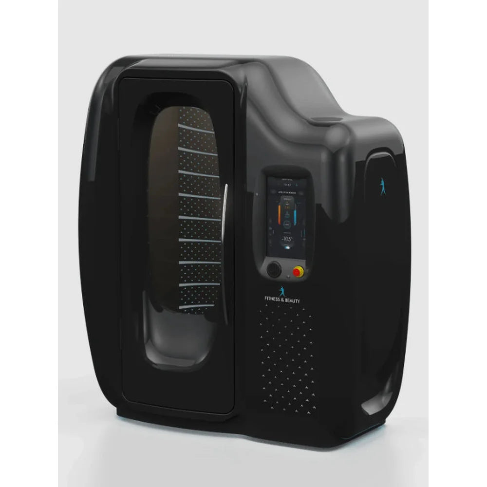 Angled studio shot of the black Tsb360 Cryo Hybrid Cold Therapy Chamber showing curved shell, oval door and control screen