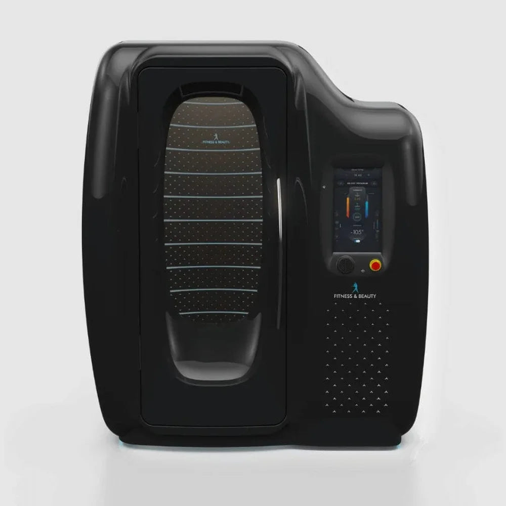 Black Tsb360 Cryo Hybrid Cryotherapy Chamber pictured from the front with slatted door window and side control screen