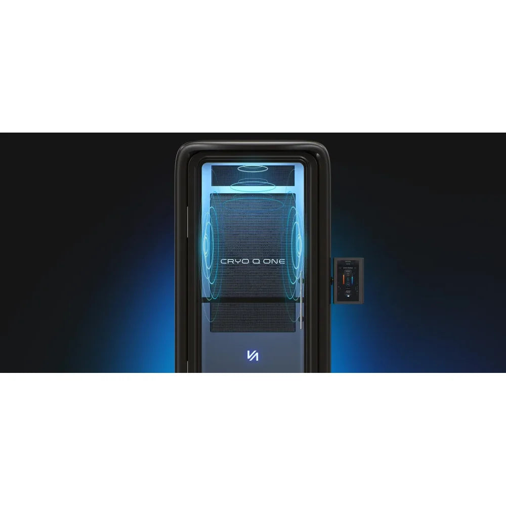 Glowing speaker rings inside the Tsb360 Cryo Q One Electric Cryotherapy Chamber cabin with side touch-screen program view