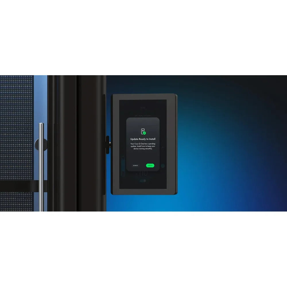 Wall-mounted display on the Tsb360 Cryo Q One Whole Body Cryotherapy Chamber showing a pending software update prompt