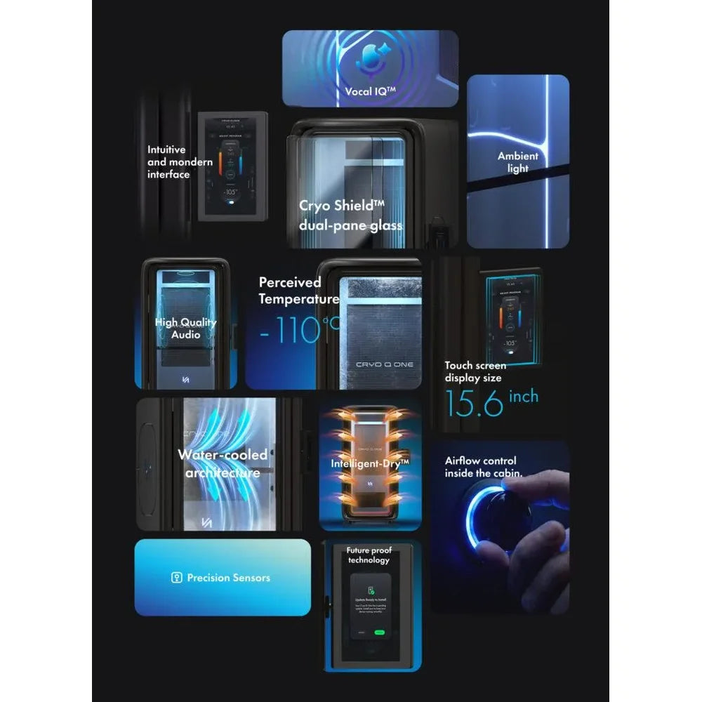 Feature callout panels for the Cryo Q Cryo Q One covering glass, audio, sensors, touch screen and airflow control