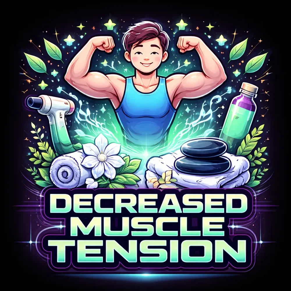 Decreased muscle tension graphic for the Tsb360 Dry Floatation Bed with a flexing figure, massage gun, towels and hot stones