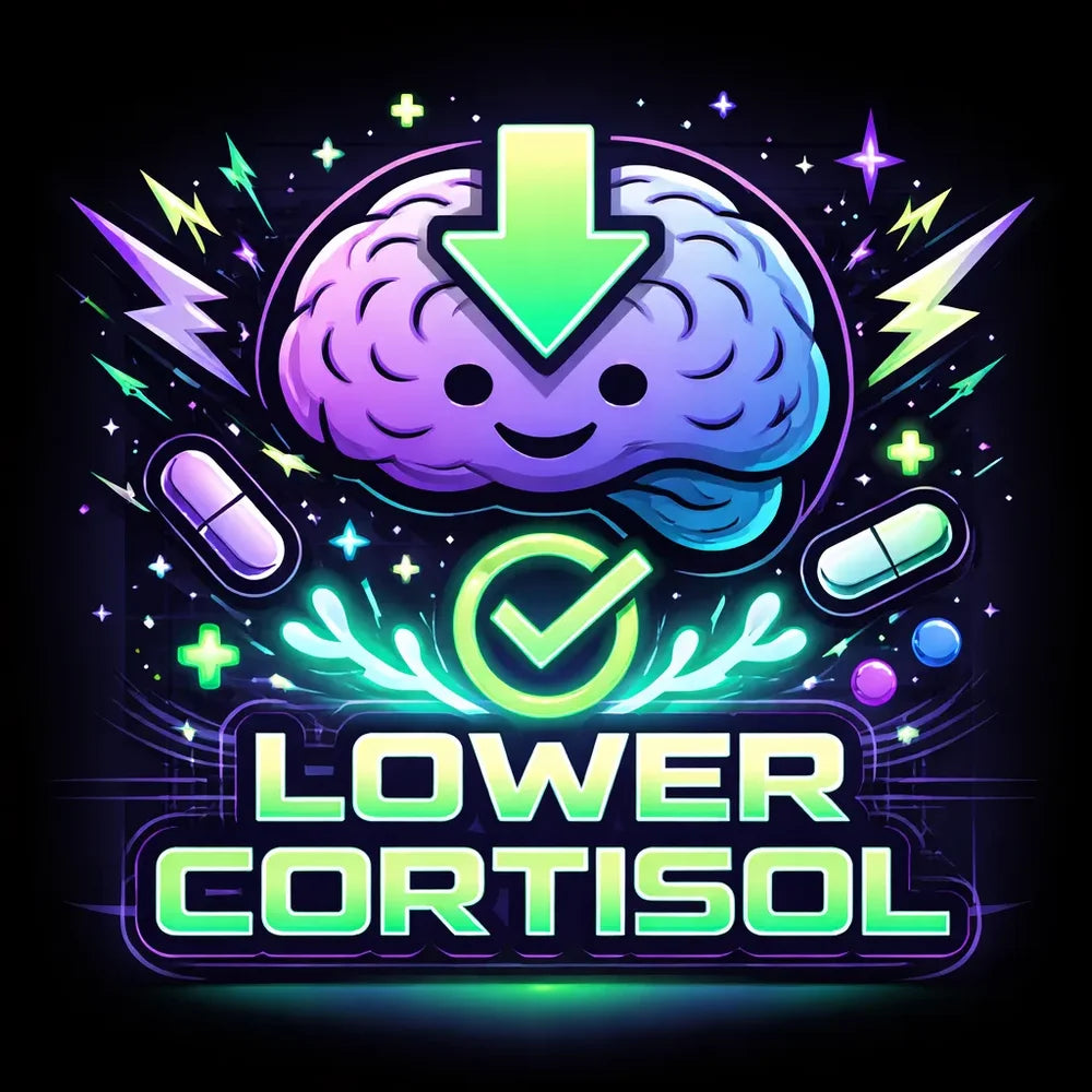 Lower Cortisol benefit graphic for the Tsb360 Float Therapy Bed with a cartoon brain, downward arrow and check mark