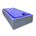 Grey Tsb360 Dry Float Recovery Bed seen from a front corner with blue glowing membrane and headphones on the surface