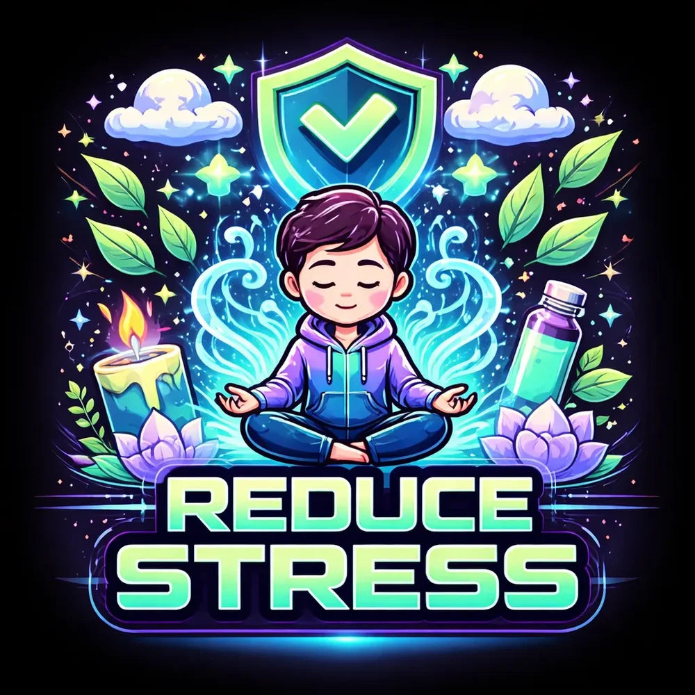 Reduce Stress benefit graphic for the Tsb360 Dry Float Bed showing a meditating figure with leaves, candle and shield icon