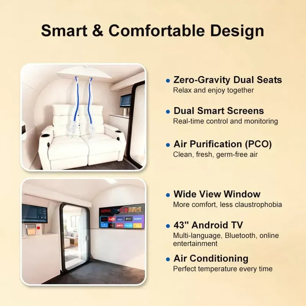 Comfort design callouts for the TwinForce 2.0 ATA Multi-Person HBOT Chamber with Red Light including dual seats and 43-inch TV
