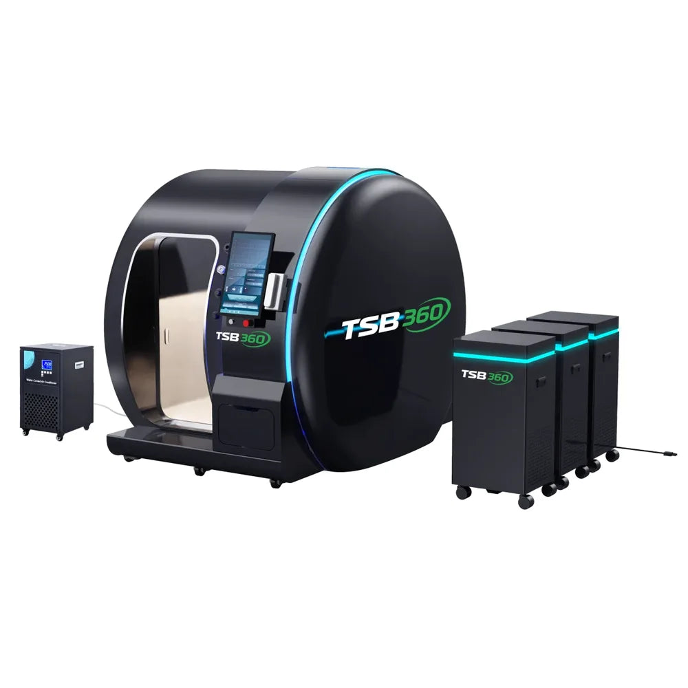 Black hard-shell TwinForce 2.0 ATA Hyperbaric Chamber with Red Light Therapy beside cooler and three wheeled oxygen cabinets