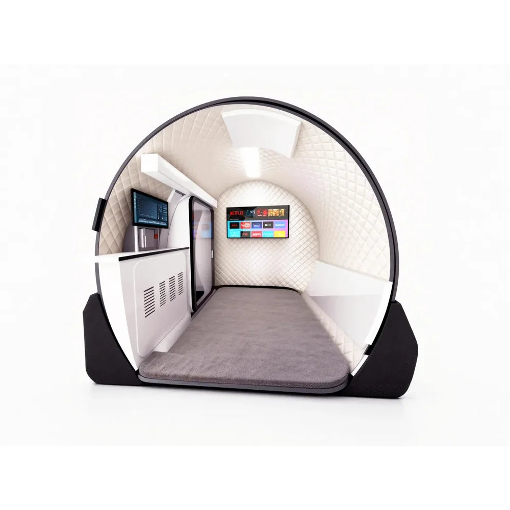 Cutaway cabin of the TwinForce 2.0 ATA Multi-Person HBOT Chamber with Red Light showing quilted walls and wall-mounted TV