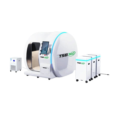 White finish TwinForce 2.0 ATA Multi-Person Hyperbaric Chamber with Red Light shown with cooling unit and three oxygen cabinets