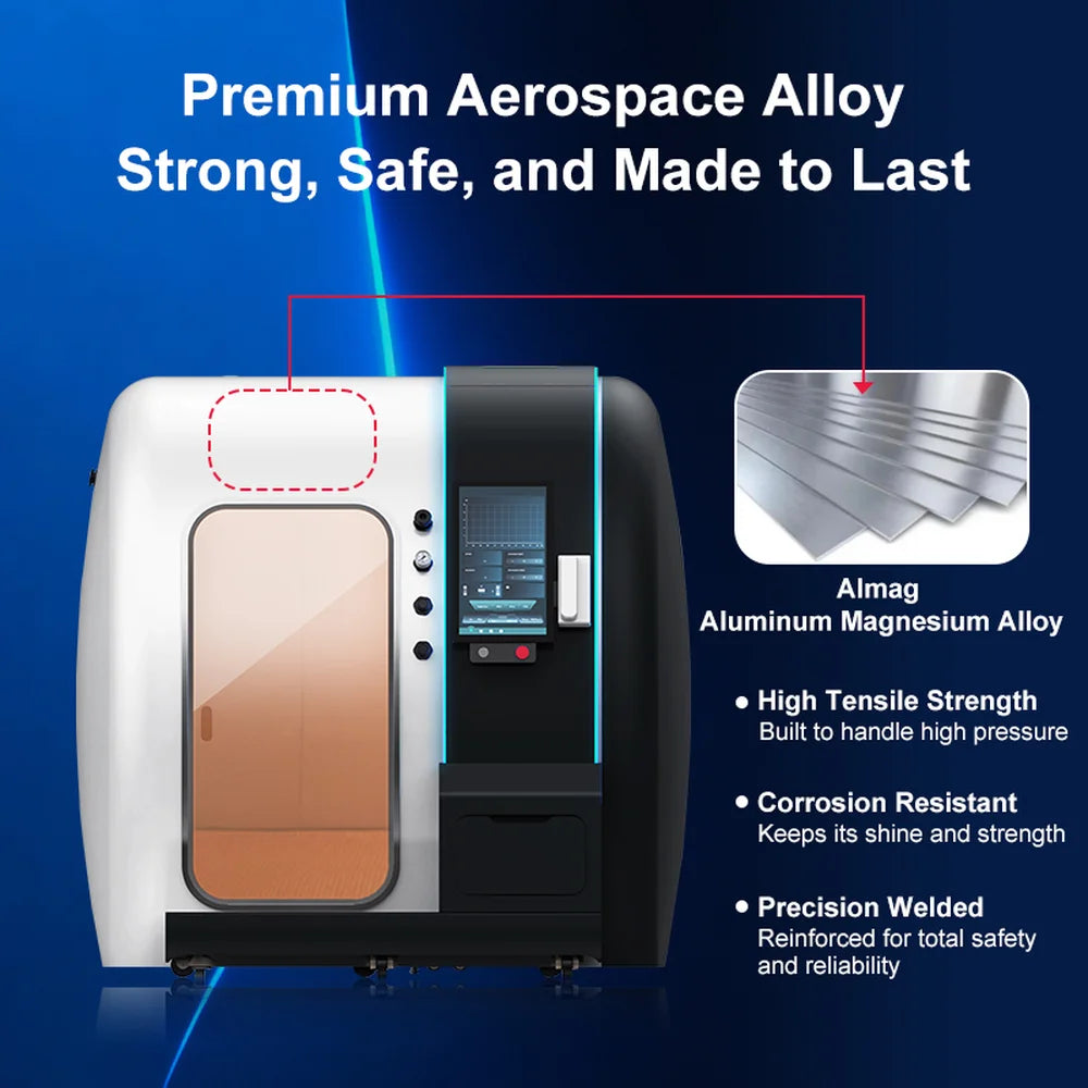 Aerospace alloy shell callouts for the TwinForce 2.0 ATA Red Light HBOT Chamber with tensile and corrosion details
