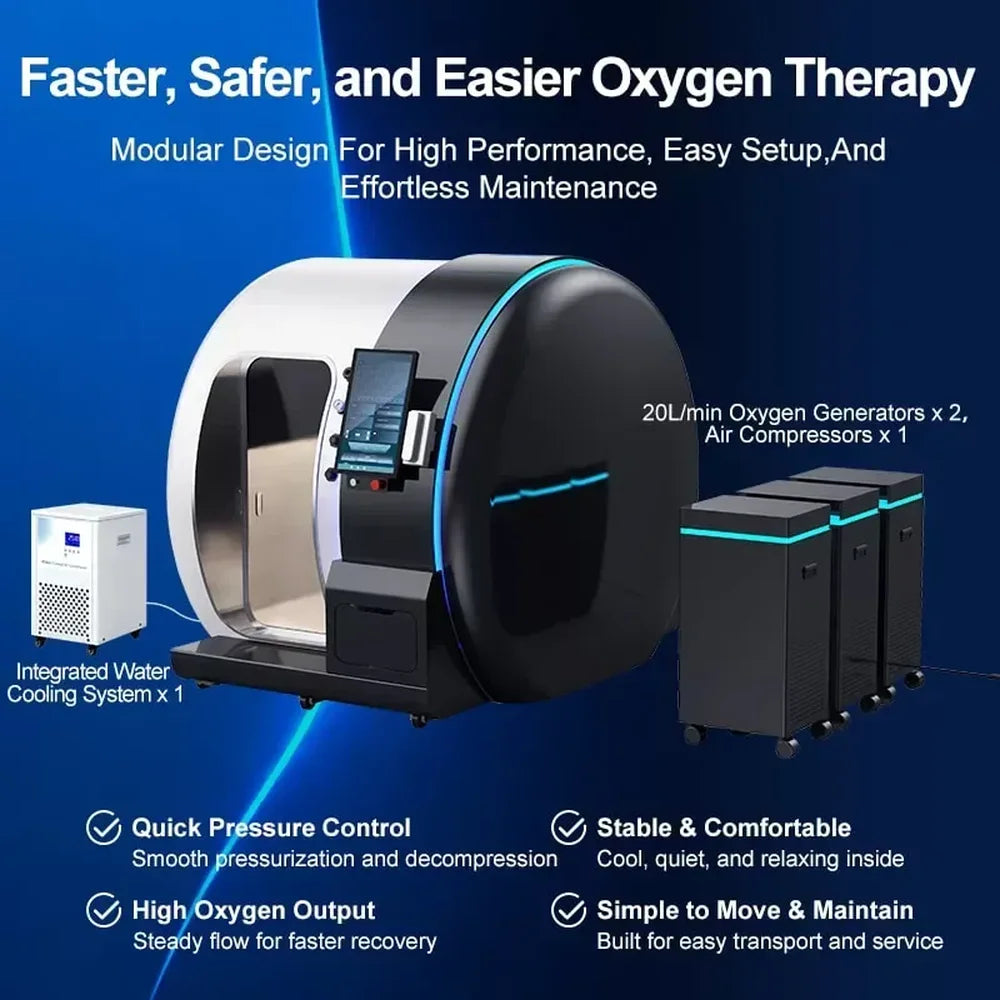 Labeled modular oxygen setup of the TwinForce 2.0 ATA Hyperbaric Chamber with Red Light Therapy showing generators and water cooler