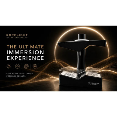 Ultimate immersion banner featuring the KoreLight KoreLux Immersion Chamber framed by a glowing ring and gold waves