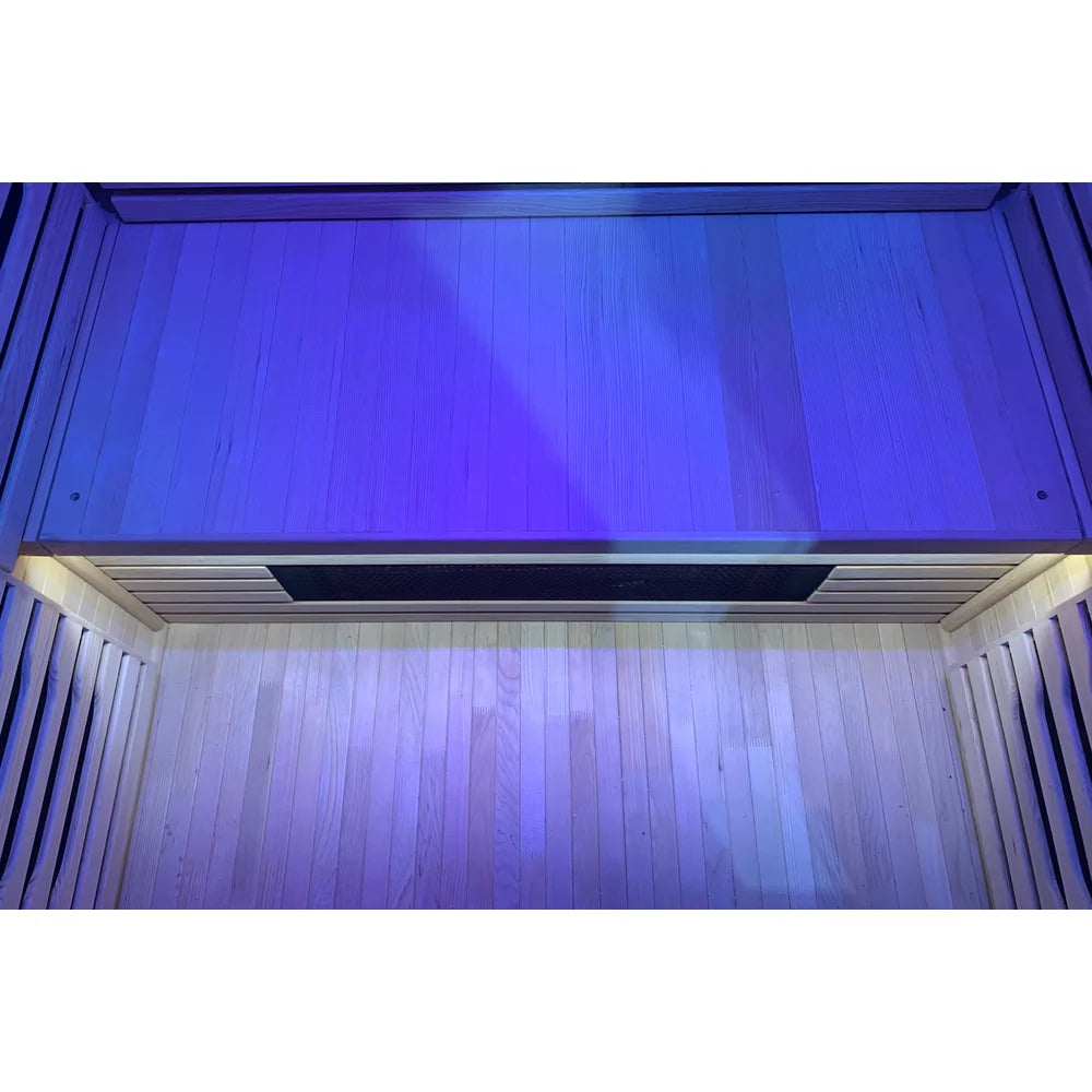 Bench with concealed heater grille and warm LED strip inside the Blisspod Helsinki Infrared Sauna