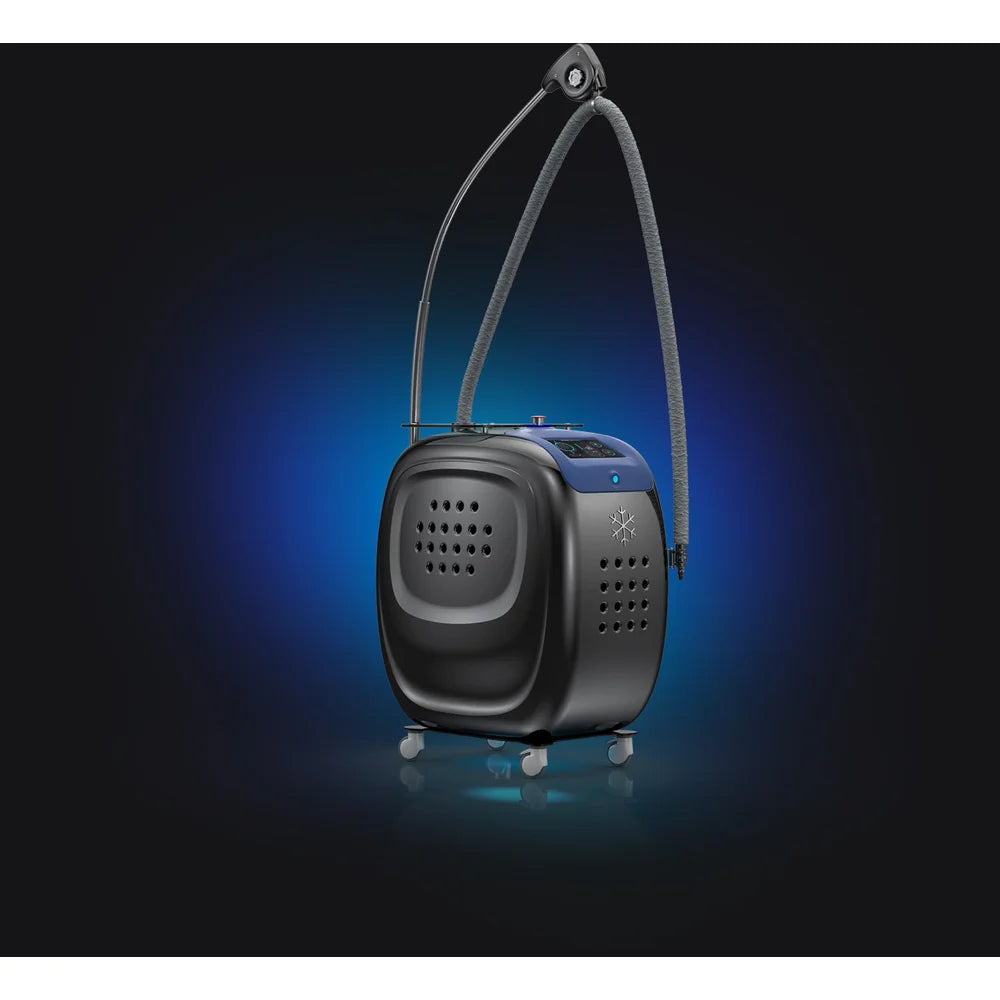 Vacu Activ Cryo Flow Cryotherapy Machine shown at an angle on a blue glowing backdrop with arched cold air hose