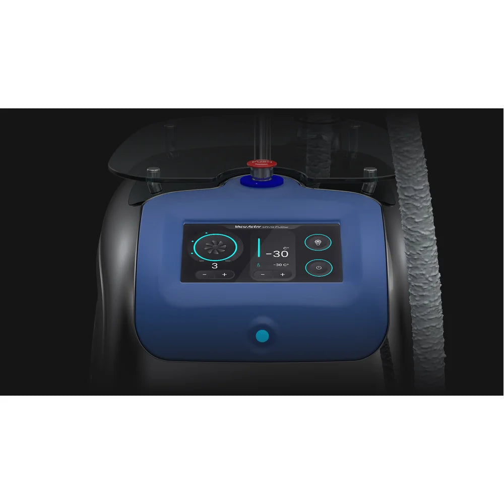 Control panel close-up of the Vacu Activ Cryo Flow Local Cryotherapy Unit showing fan level 3 and -30C temperature readout