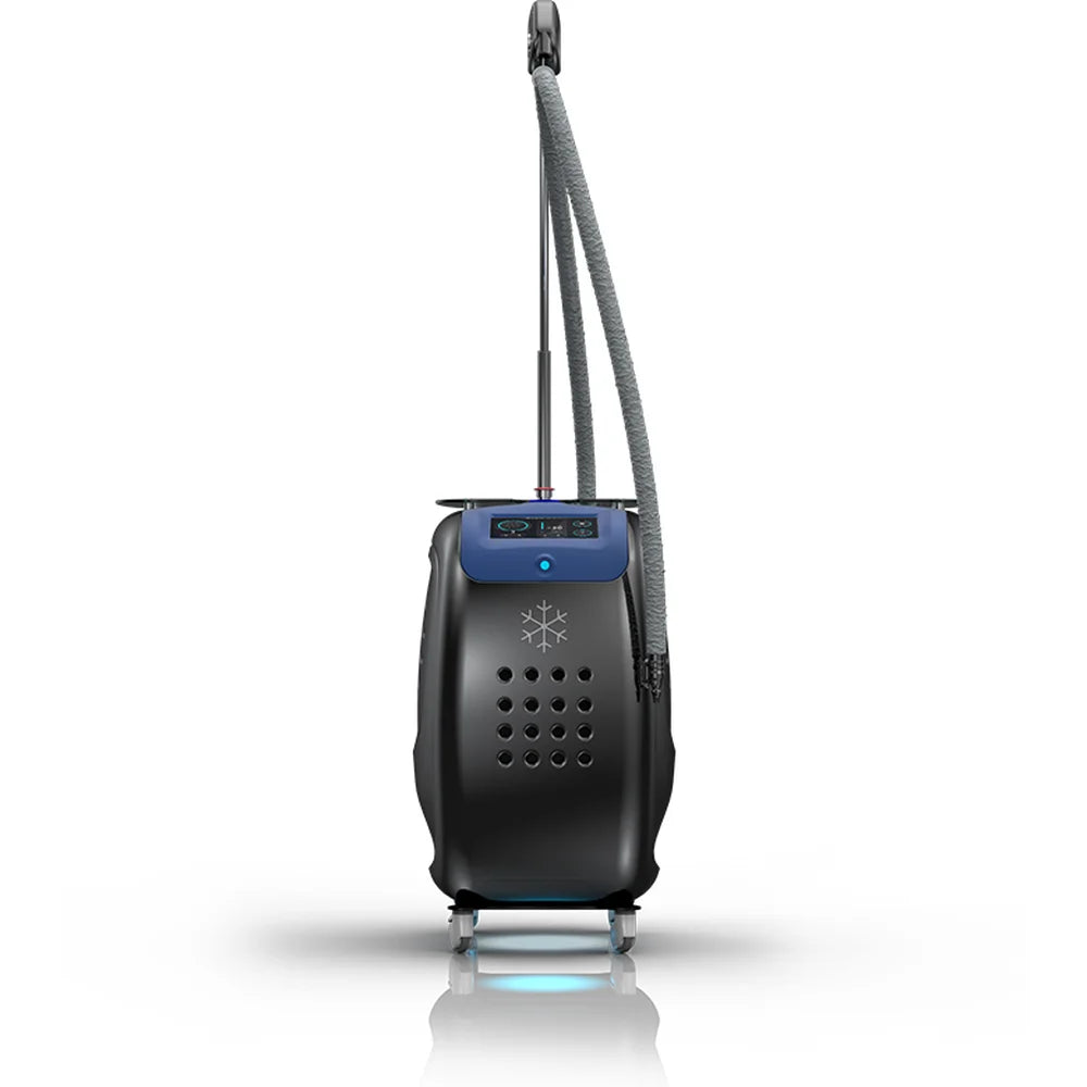 Straight-on front studio view of the Vacu Activ Cryo Flow trolley with snowflake emblem, touchscreen panel and hose pole