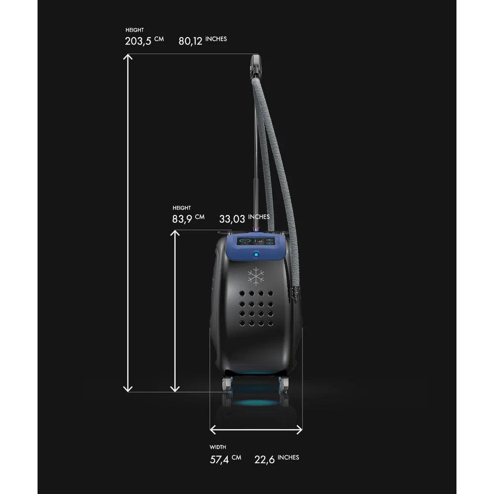 Side dimension drawing of the Vacu Activ Cryo Flow giving 203,5 cm height with supporter, 83,9 cm cabinet and 57,4 cm width