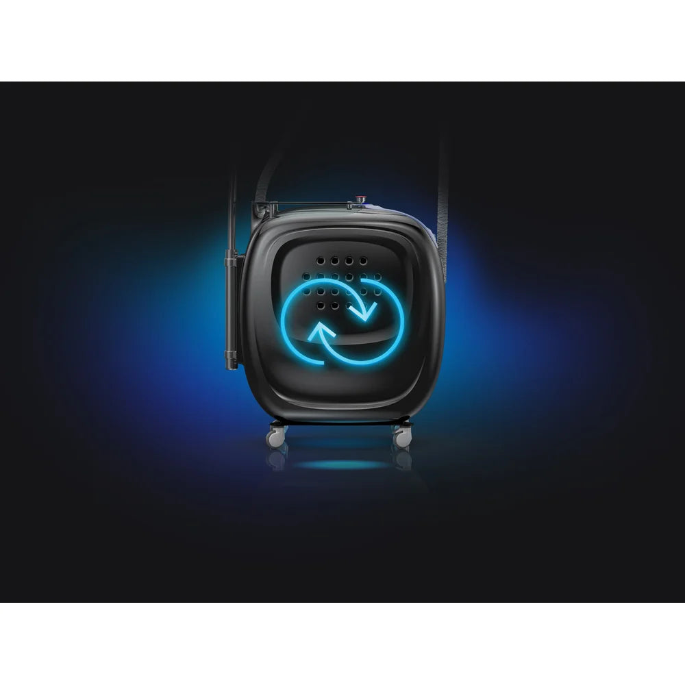 Glowing circular loop icon over the vented side panel of the Vacu Activ Cryo Flow Cryotherapy Machine cooling circuit