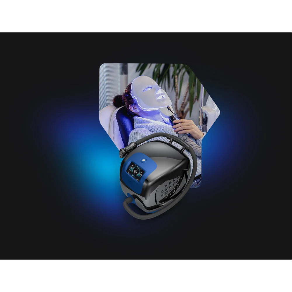 Vacu Activ Cryo Flow Mini Cryo Machine render paired with a photo of an LED face mask facial session