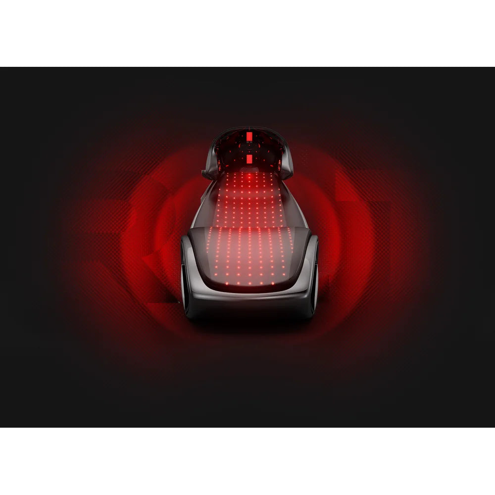 Straight-on render of the lit diode grid running the length of the Vacu Activ Red Couch Oxy mattress