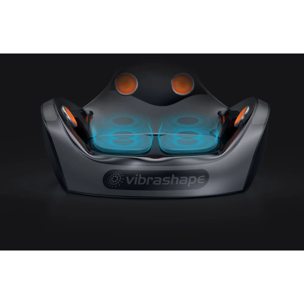 Front view of the Vacu Activ Vibrashape base with blue wave lines showing twin independent vibrating plates