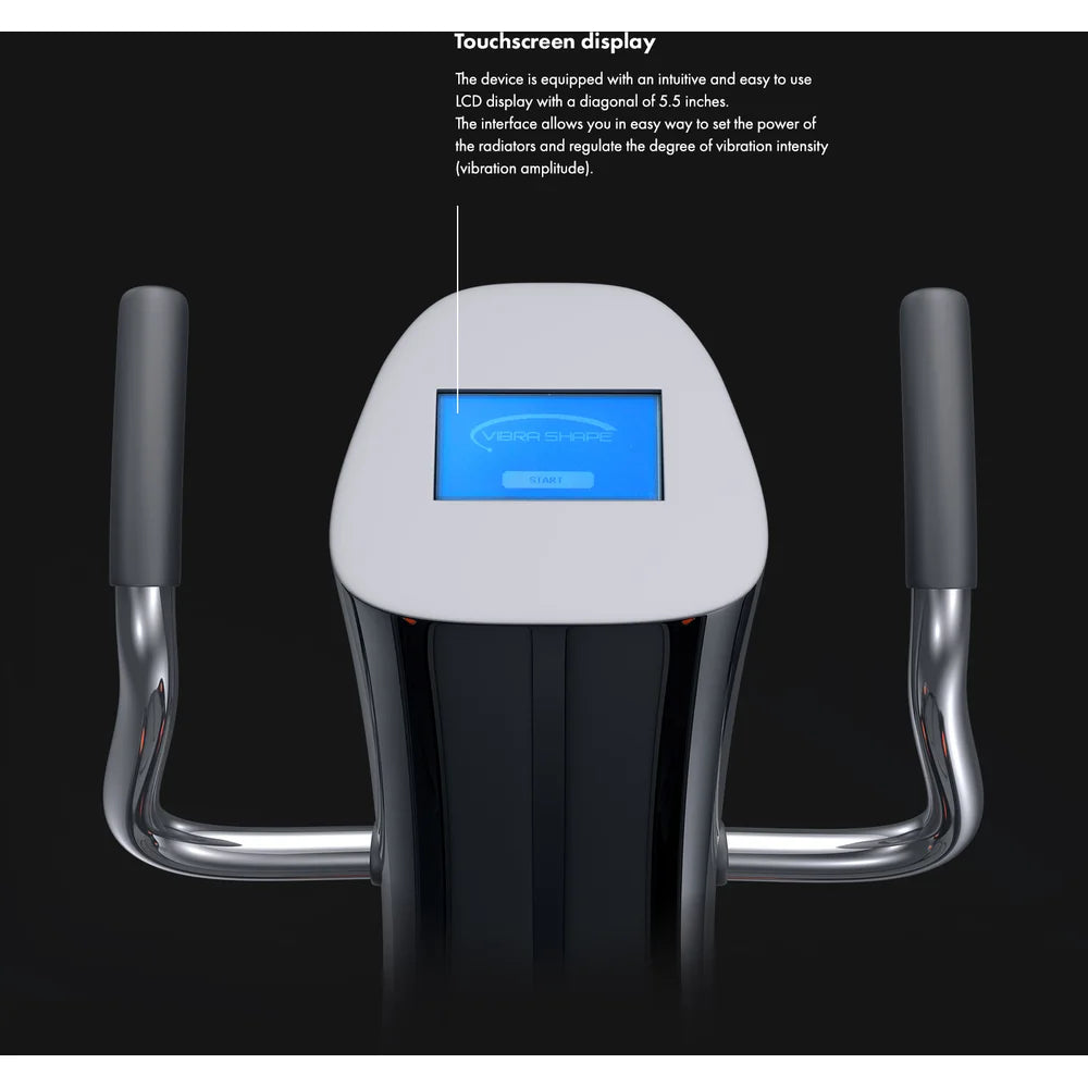 Close-up of the 5.5 inch LCD start screen and chrome grips on the Vacu Activ Vibrashape Vibration Machine
