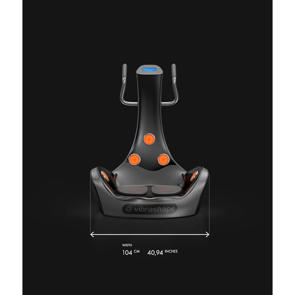 Front measurement drawing showing the 104 cm base width of the Vacu Activ Vibrashape Vibration Plate