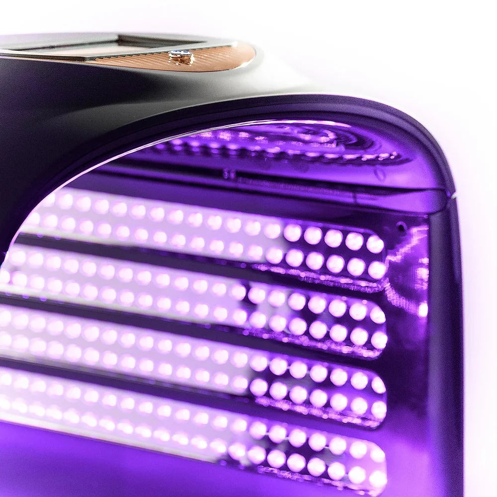 Dense rows of violet-lit diodes along the open panel of the Galaxy Zero Atlas Touchscreen LED Therapy device