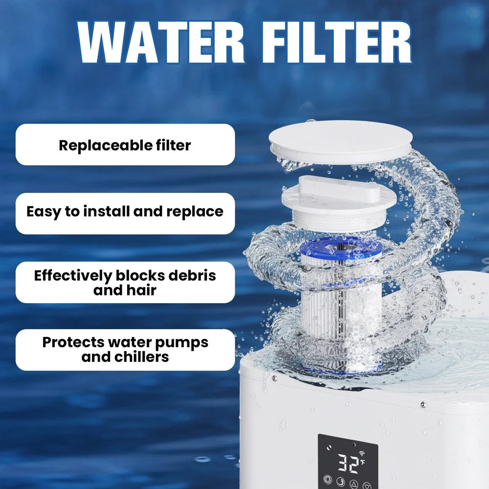 Filter claims listed beside the splash-lit cartridge of the AMBOHR Pro Chiller Cold Plunge Cooler
