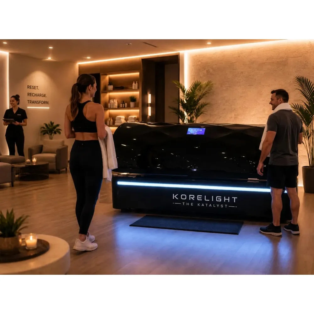 Clients in workout gear beside the Kore ELITE Full Body Light Therapy System in a warmly lit clinic lounge